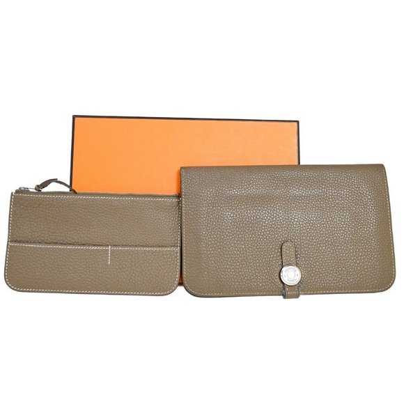 Auth HERMES Logos Dogon GM Long Bifold Wallet Purse Veau Togo Leather Brown - Picture 1 of 16